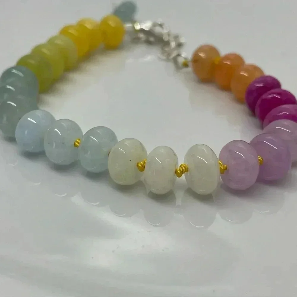 Rainbow Beaded Hand Knotted Bracelet Sterling Silver Silk Crystal Quartz Ombré - Picture 6 of 8